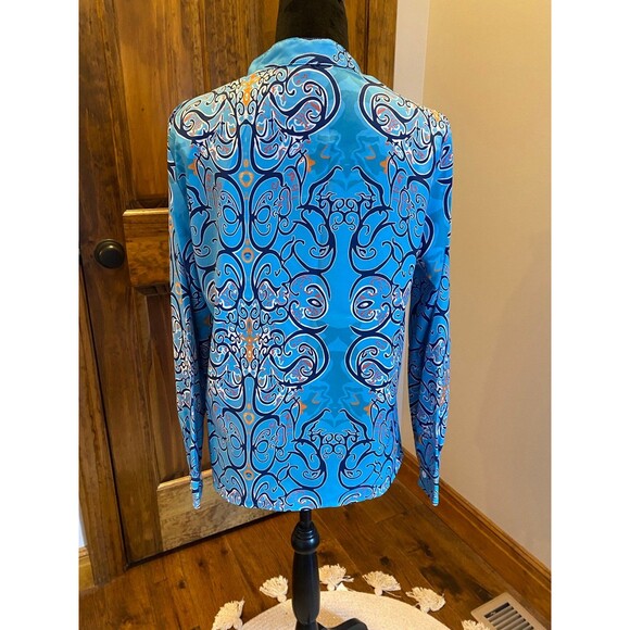 Boho Womens Blouse Size Large Button Down Blue Patterened Top Cuffed Sleeves - Picture 7 of 11